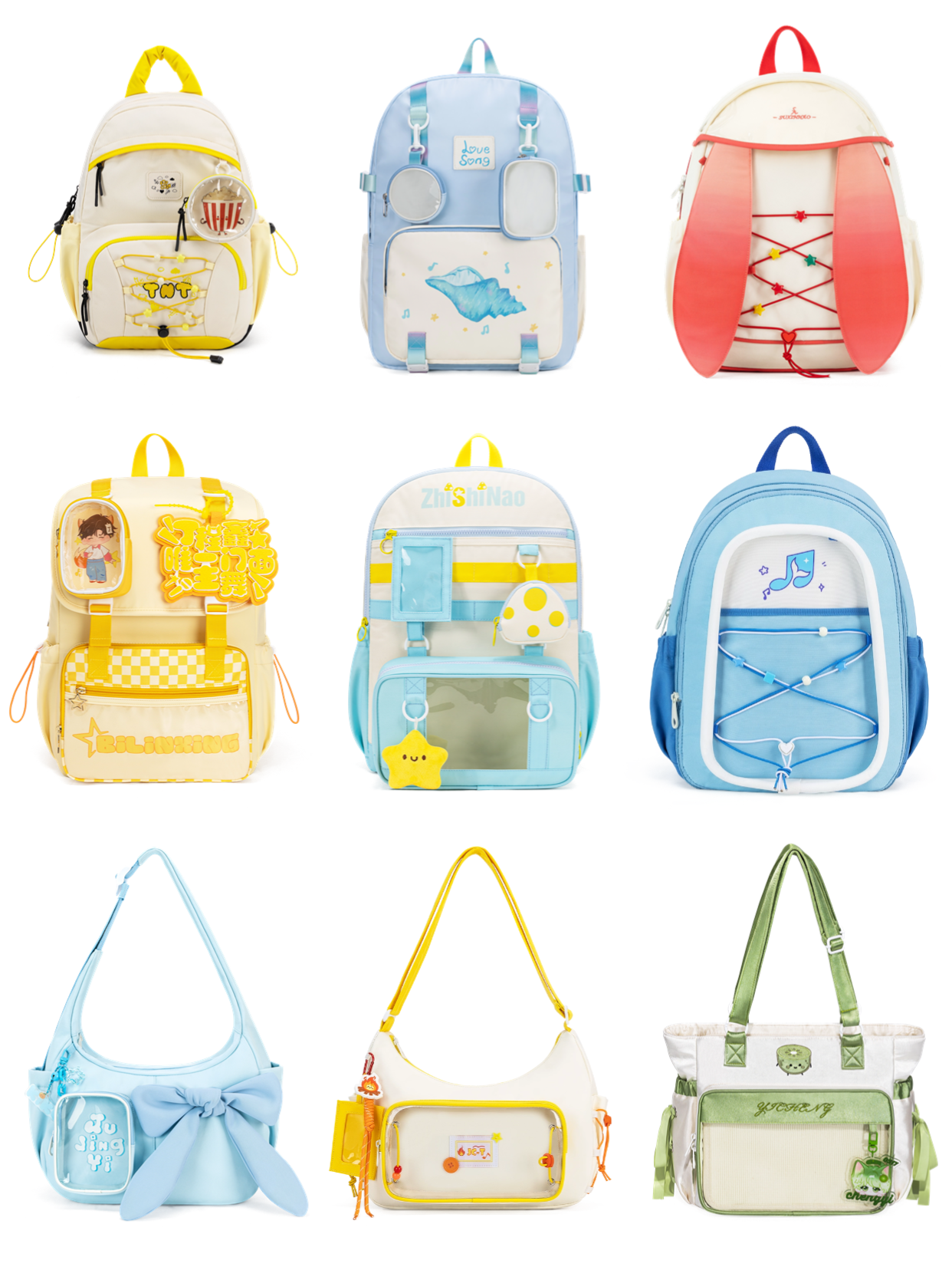 A collage of diverse custom backpacks, showcasing a wide range of designs and styles.