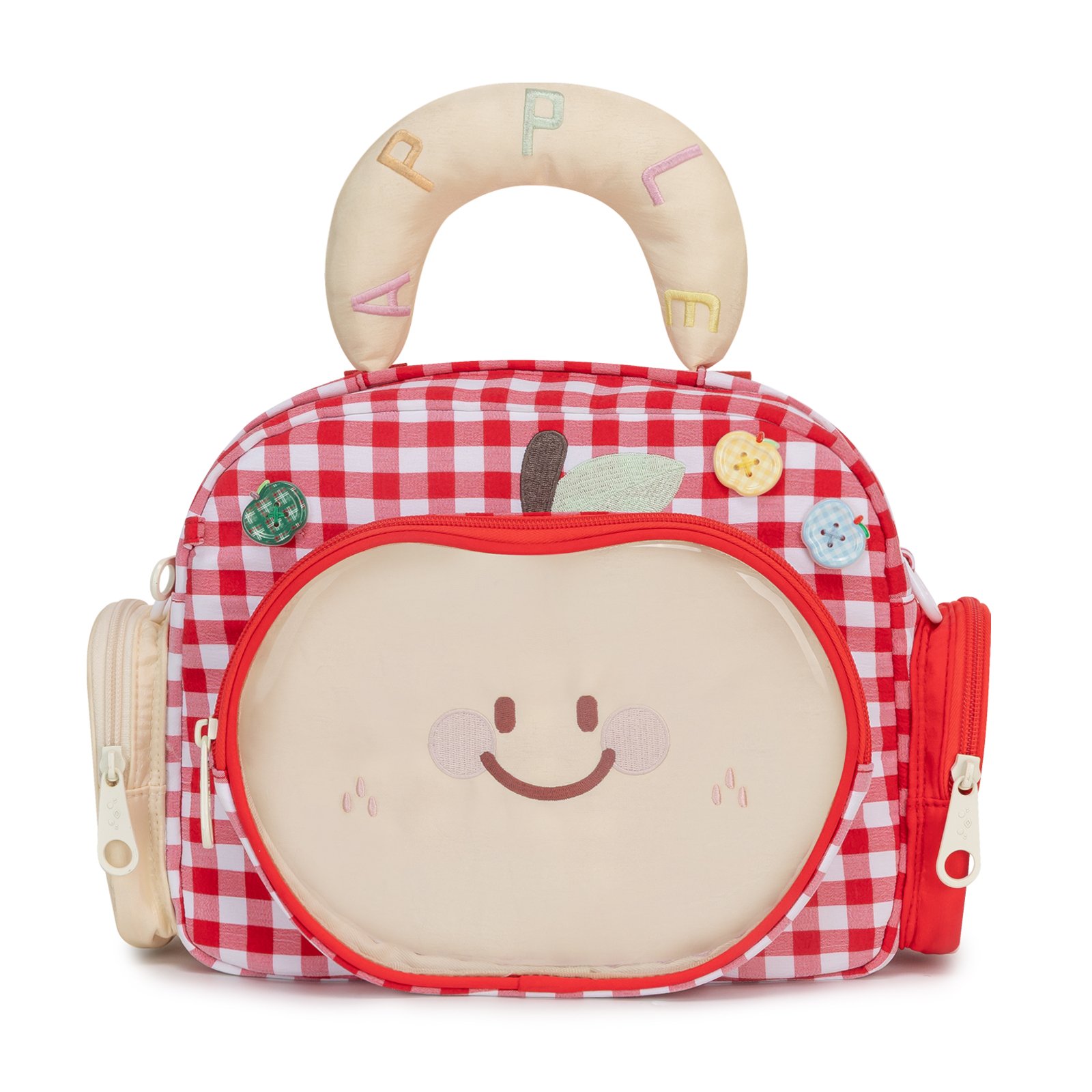 A red anime tote bag with a clear front pocket for displaying pins and charms, showcasing potential for customization and fandom expression.