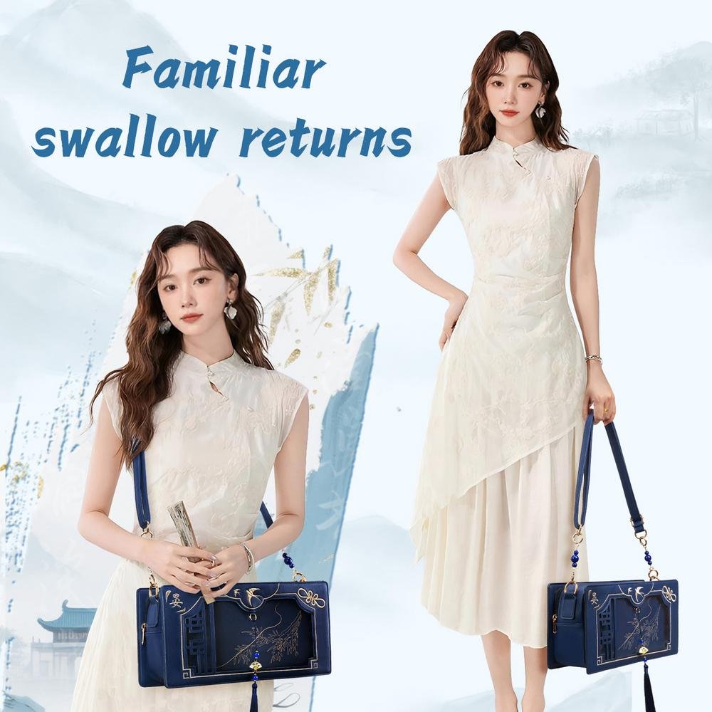 【Swallows Return】Handbag Blue Chinese Classic Style Shoulder Ita Pain Bag